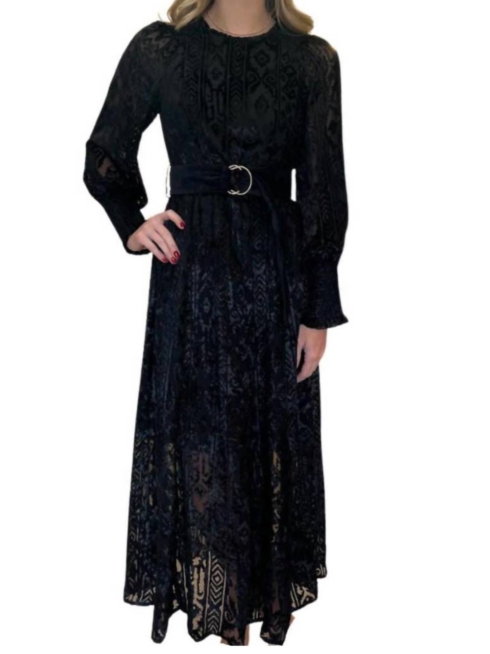 Emily Lovelock Black Velvet Sharon Devore Dress with Belt